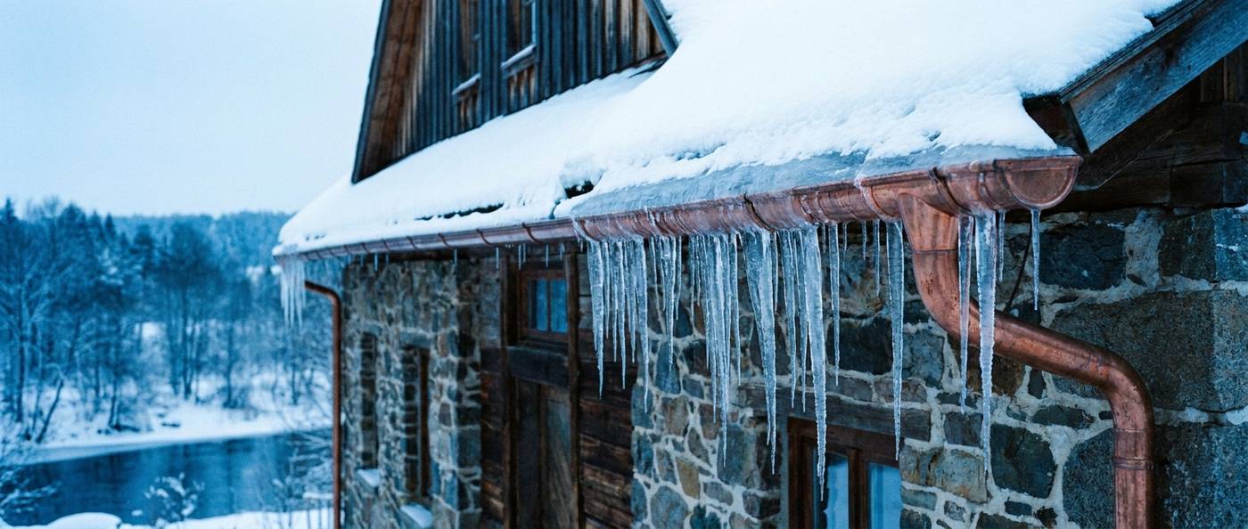 Thick ice built up along a roof eave and gutter with icicles