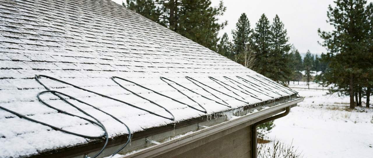 Heat cable zigzagged along a roof eave above a gutter line